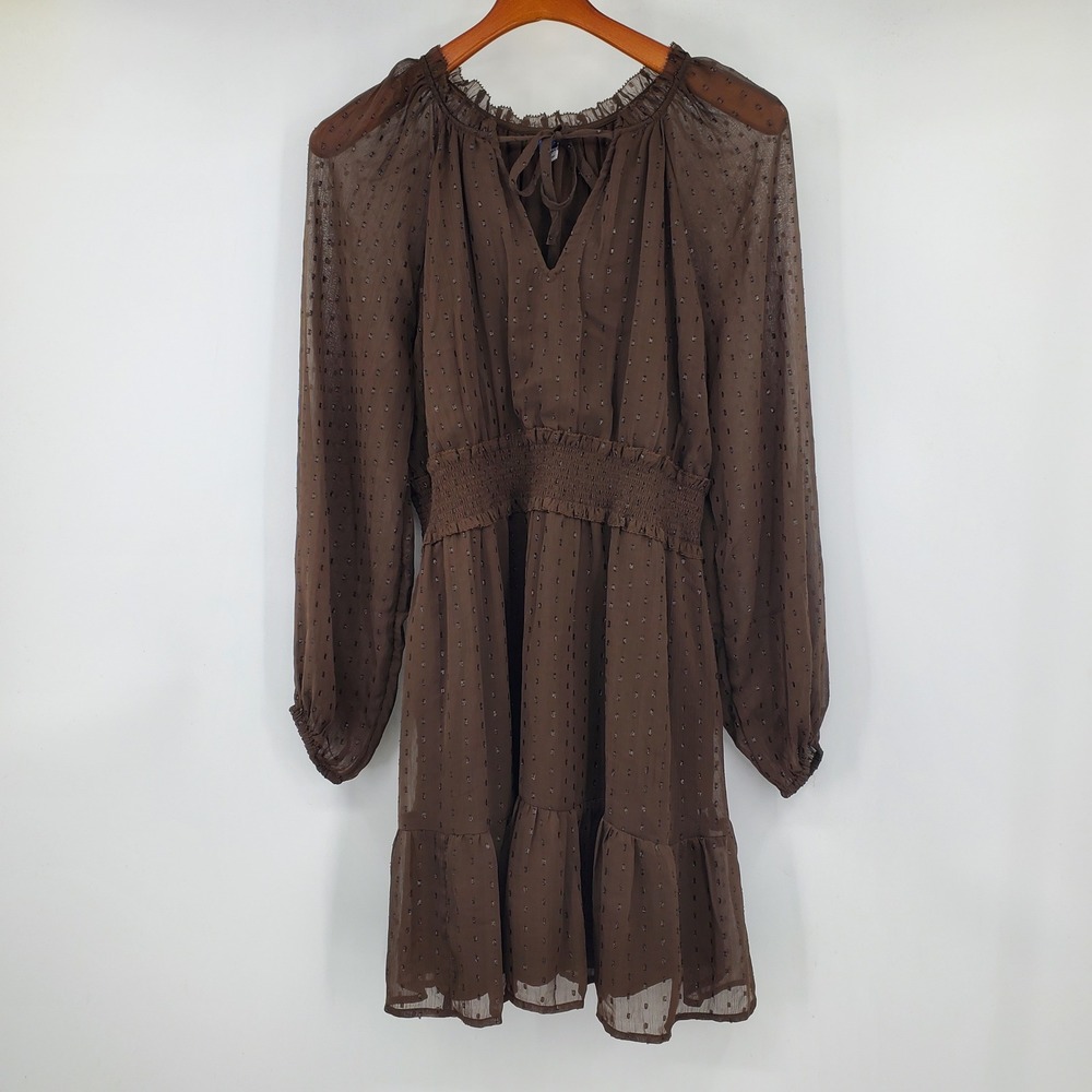 Old Navy Dark Brown Clip Dot Chiffon Smocked Mini Dress Long Sleeve L Shine